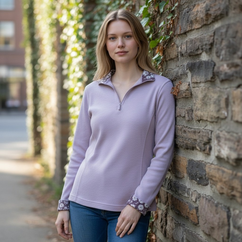 Orvis Womens Lavender Purple Ribbed Quarter Zip Pullover Floral Trim Size S